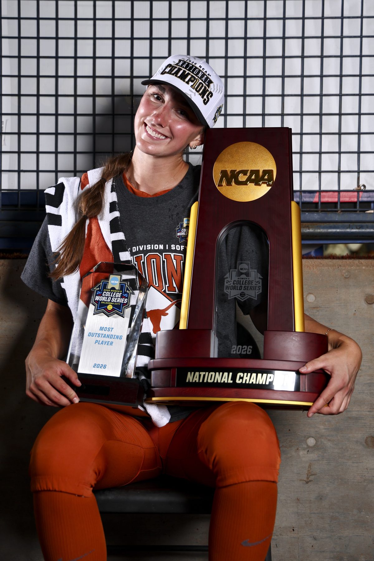 Teagan with the 2026 NCAA national championship trophy and Most Outstanding Player award